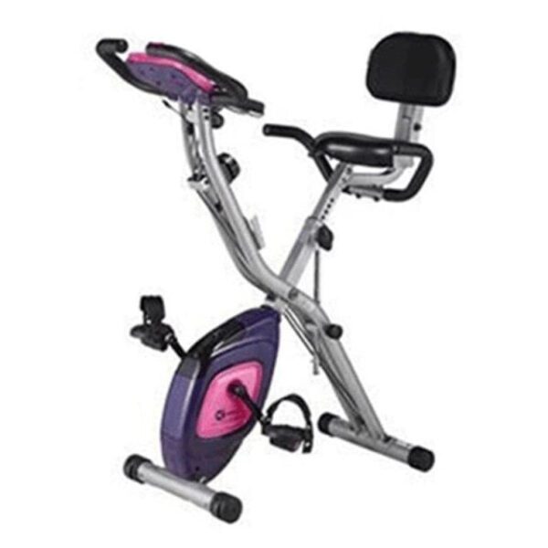 A pink and purple exercise bike is shown.