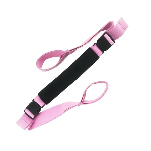 A pink strap with black handle and two straps.