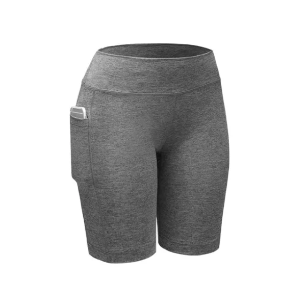 A pair of gray shorts with a pocket on the side.