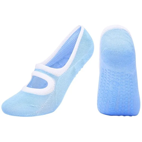 A pair of blue and white shoes with one shoe on the other.