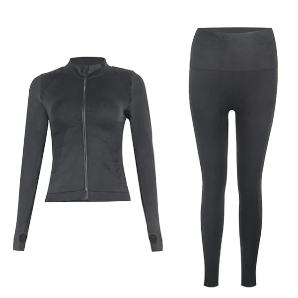 A black outfit with a jacket and leggings.